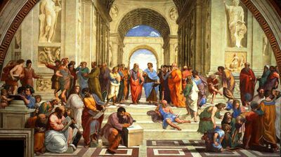 Pintura de un ágora de filósofos en la Antigüedad griega